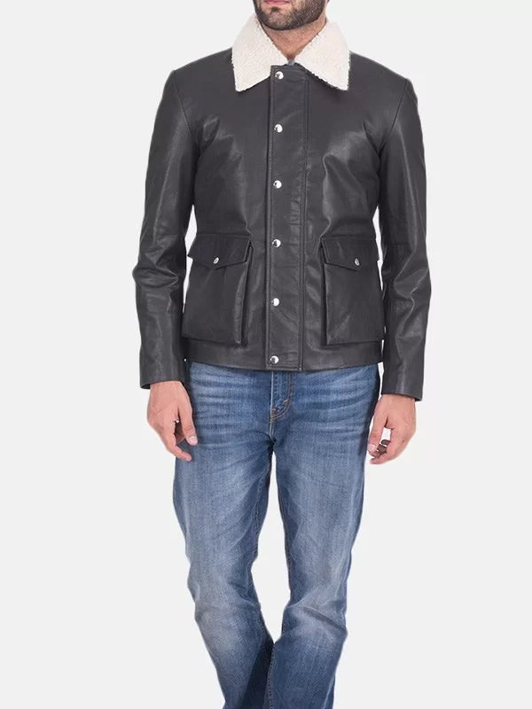 Men’s Flap Pockets Black Leather Jacket