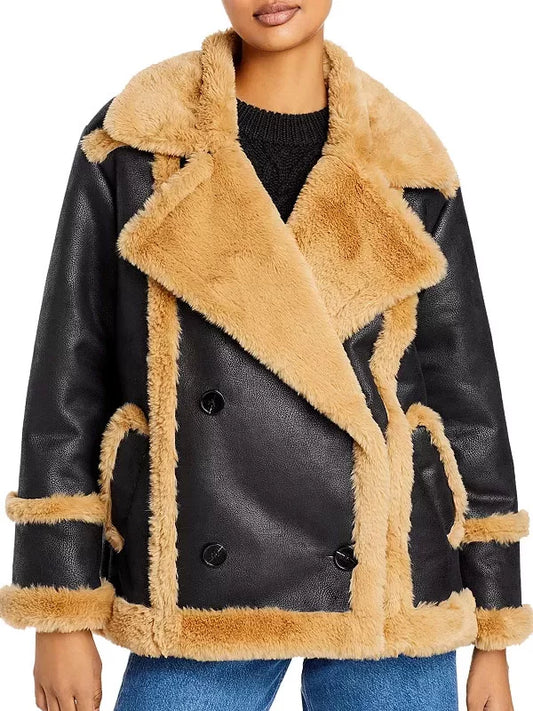 Katherine Black Leather Shearling Double Breasted Jacket