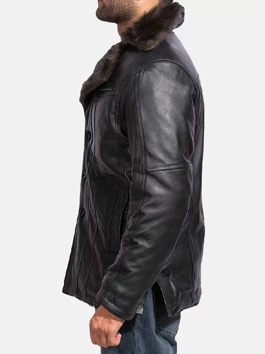 Men’s Faux Fur Black Leather Aviator coat