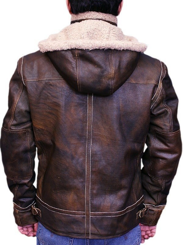 Men Aviator Leather Bomber Jacket with Fur Hood Brown