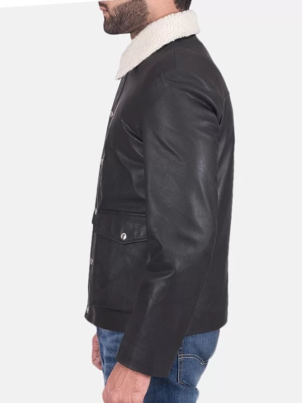 Men’s Flap Pockets Black Leather Jacket