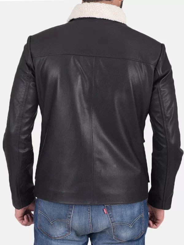 Men’s Flap Pockets Black Leather Jacket