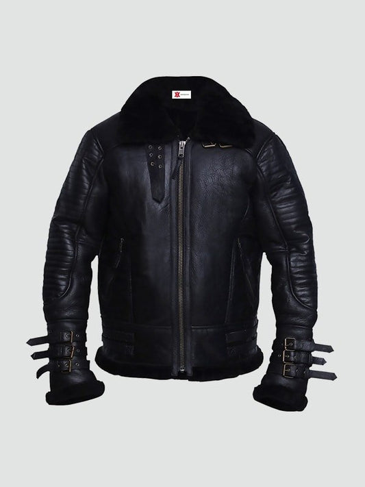 Mens Black Shearling Biker Leather Jacket