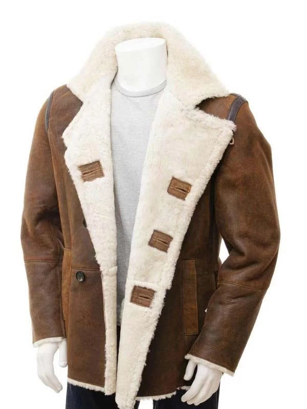 Mens Tan Sheepskin Shearling PeaCoat