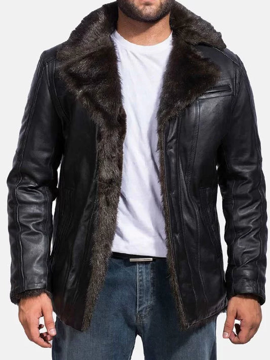 Men’s Faux Fur Black Leather Aviator coat