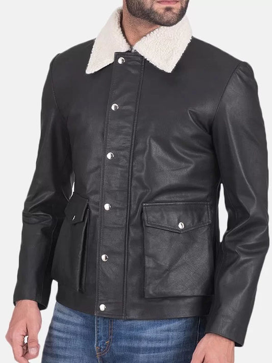 Men’s Flap Pockets Black Leather Jacket