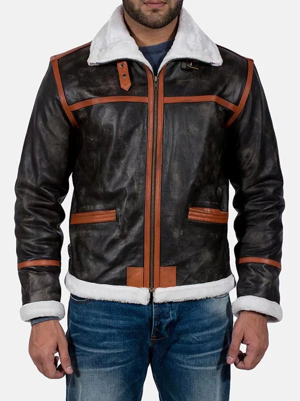 Distressed Brown Shearling Leather Jacket Mens