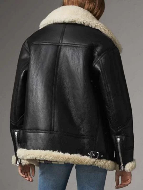 Women’s Aviator Ivory Shearling Black Leather Jacket