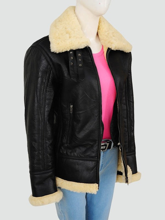 Woman’s Black Shearling Bomber Leather Jacket