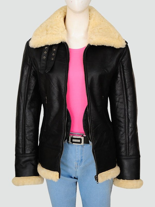 Woman’s Black Shearling Bomber Leather Jacket