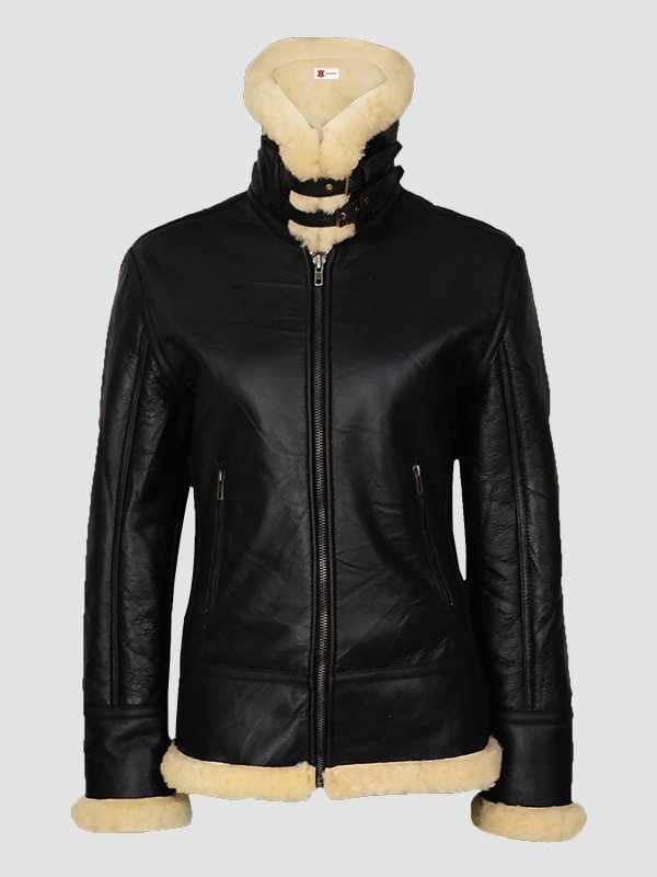 Woman’s Black Shearling Bomber Leather Jacket