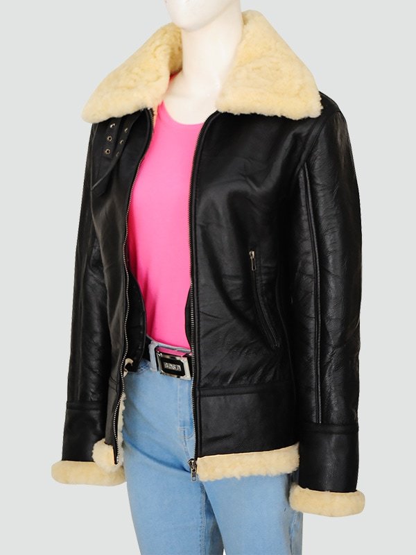 Woman’s Black Shearling Bomber Leather Jacket