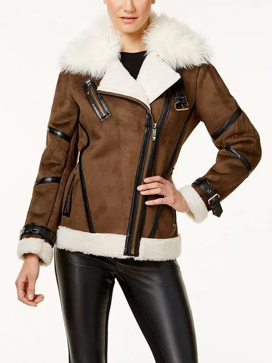 Women’s Brown Asymmetrical Shearling Leather Jacket