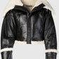 Women’s Black Leather Cropped Wide Shearling Collar Jacket