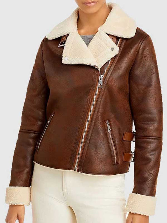 Women’s Brown Leather Motorcycle Shearling Jacket