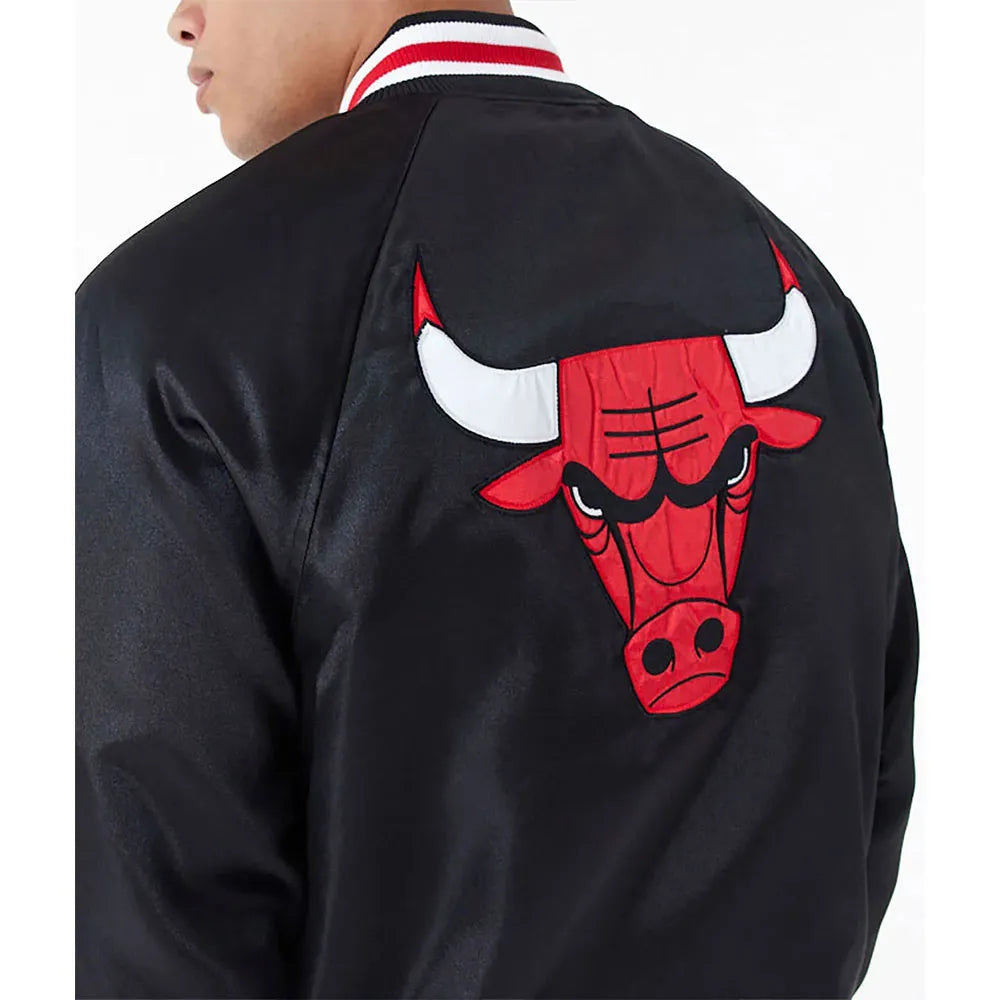 Chicago Bulls Applique Black Bomber Satin Jacket