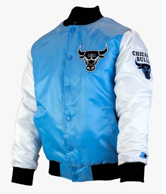 Chicago Bulls Tobacco Road Blue and White Satin Varsity Jacket