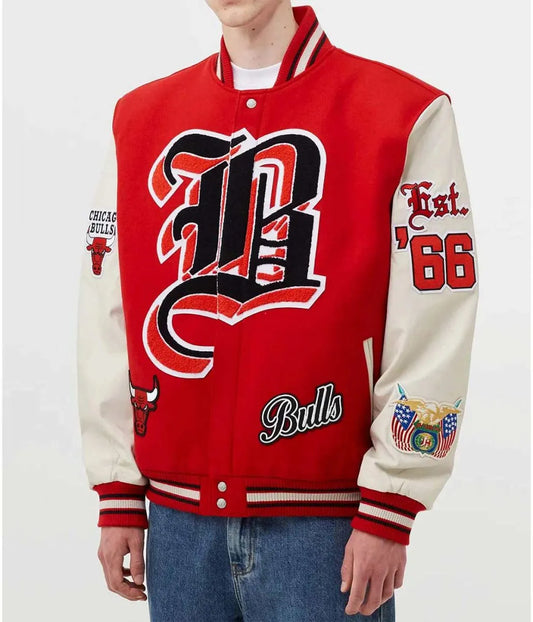 Chicago Bulls Red Wool and White Leather Varsity Letterman Jacket