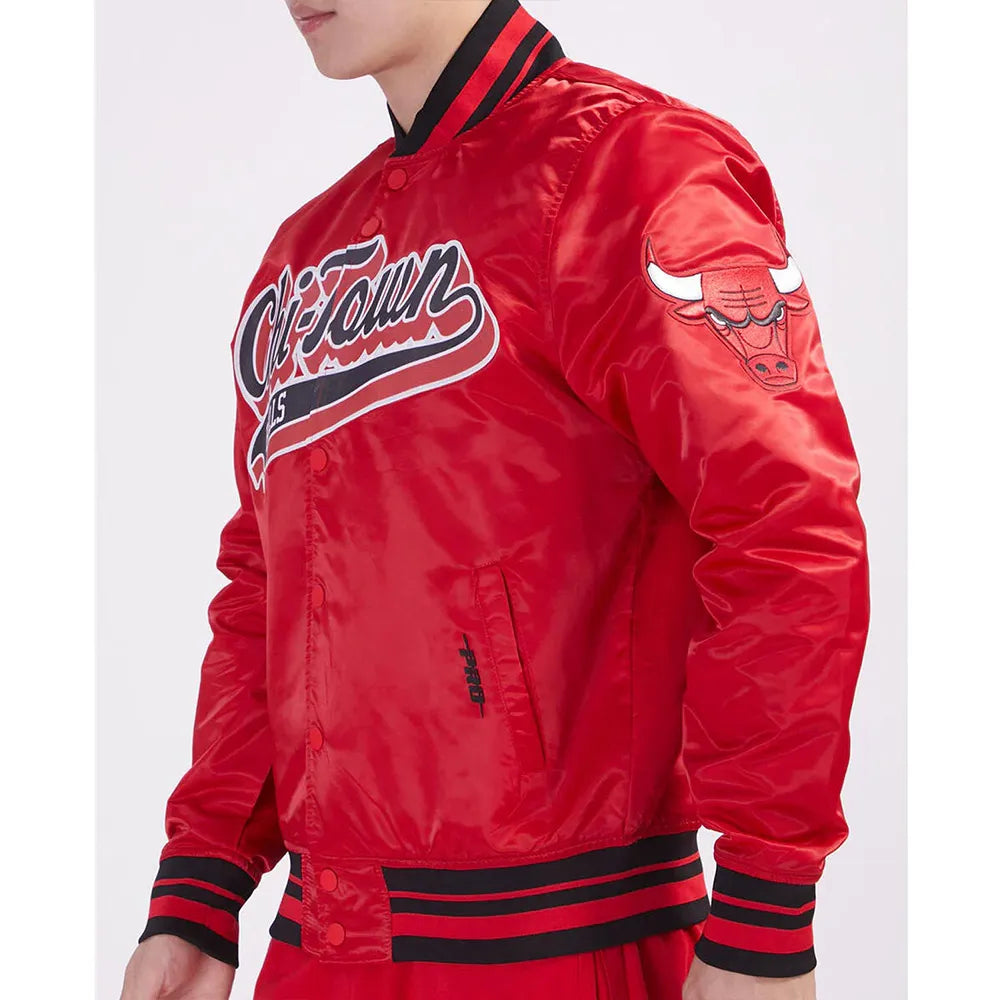 Chicago Bulls Script Tail Red Satin Jacket