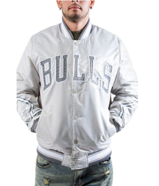 Chicago Bulls Satin Silver Bomber Jacket