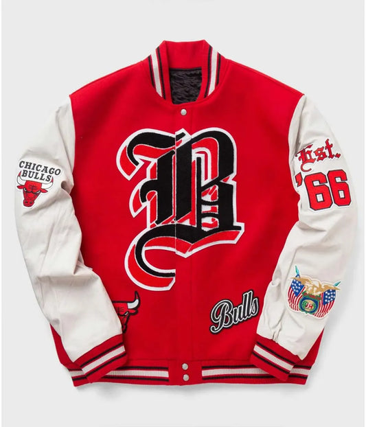 Chicago Bulls Red Wool and White Leather Varsity Letterman Jacket