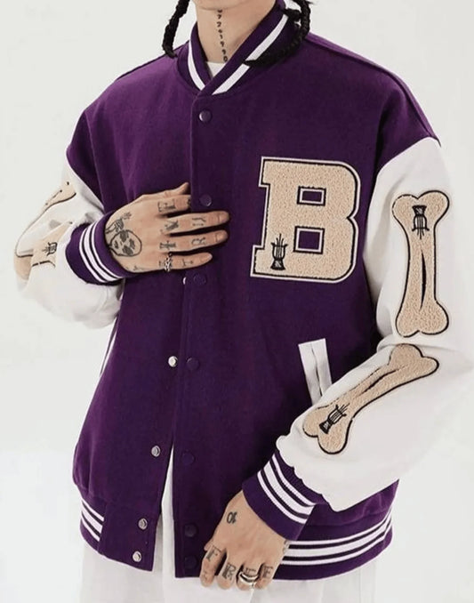 Skeleton Bad To The Bone Patchwork Varsity Jacket