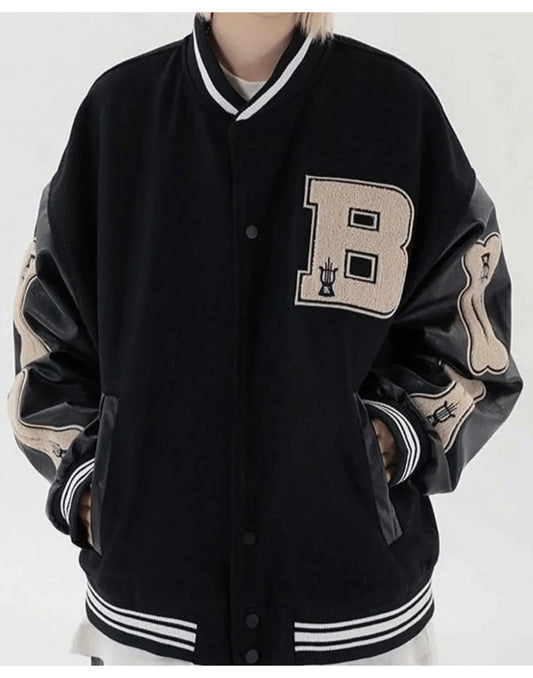 Skeleton Bad To The Bone Patchwork Varsity Jacket