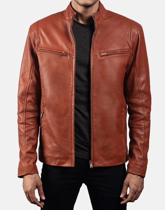 Tan Brown Leather Biker Jacket