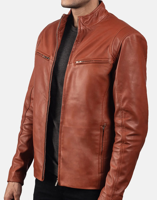 Tan Brown Leather Biker Jacket