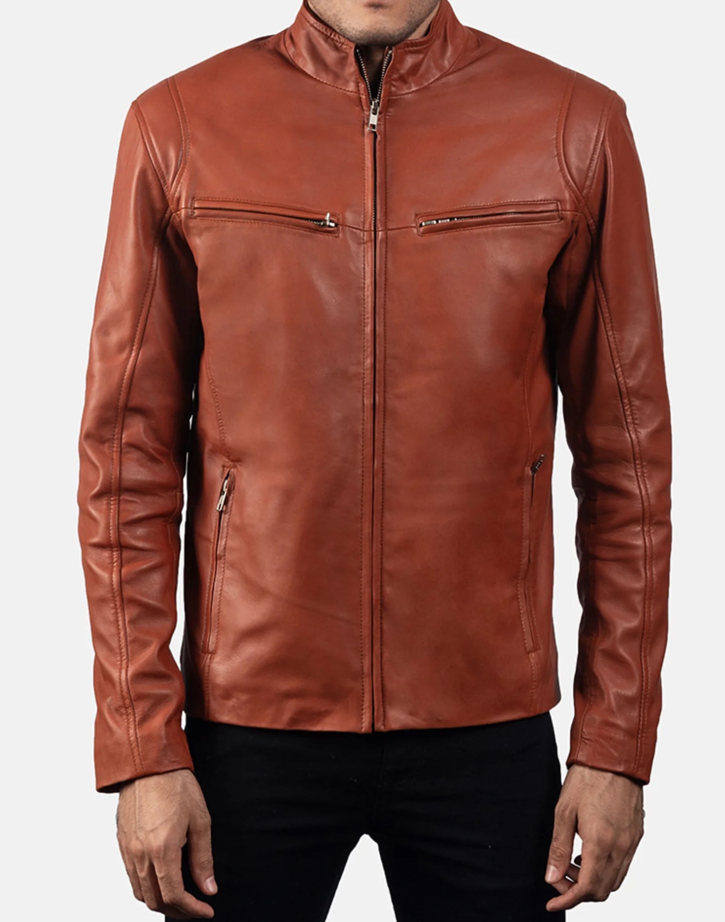 Tan Brown Leather Biker Jacket