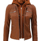 Womens Brown Racer Leather Jacket With Removable Hood