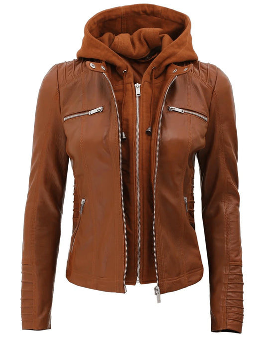 Womens Brown Racer Leather Jacket With Removable Hood