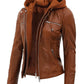 Womens Brown Racer Leather Jacket With Removable Hood