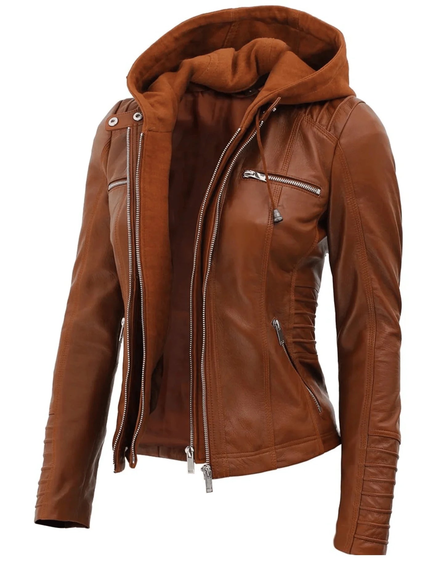 Womens Brown Racer Leather Jacket With Removable Hood