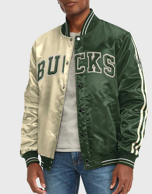 Milwaukee Bucks Varsity Satin Off White/Green Jacket