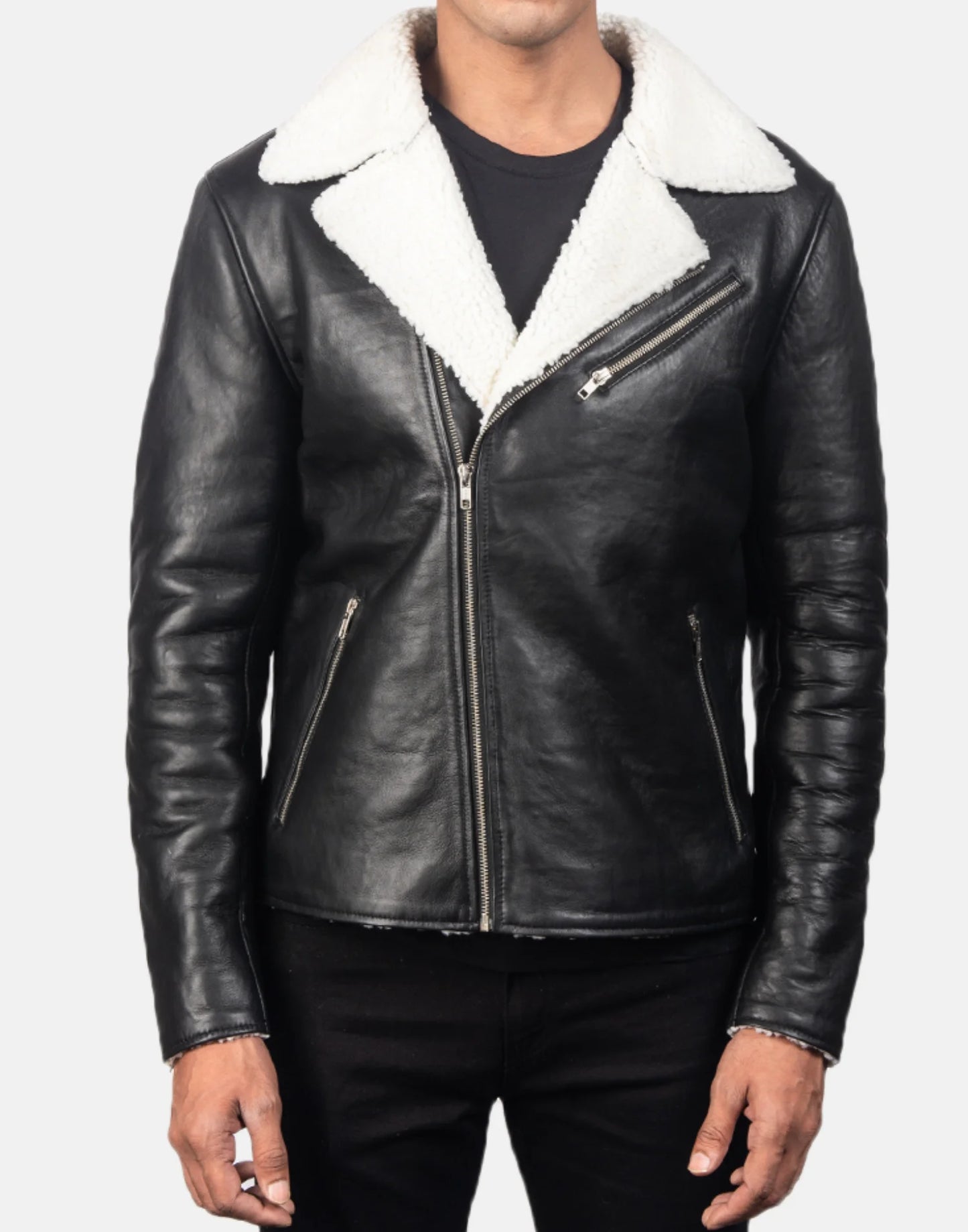 Alberto White Shearling Black Leather Jacket