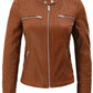 Womens Brown Racer Leather Jacket With Removable Hood