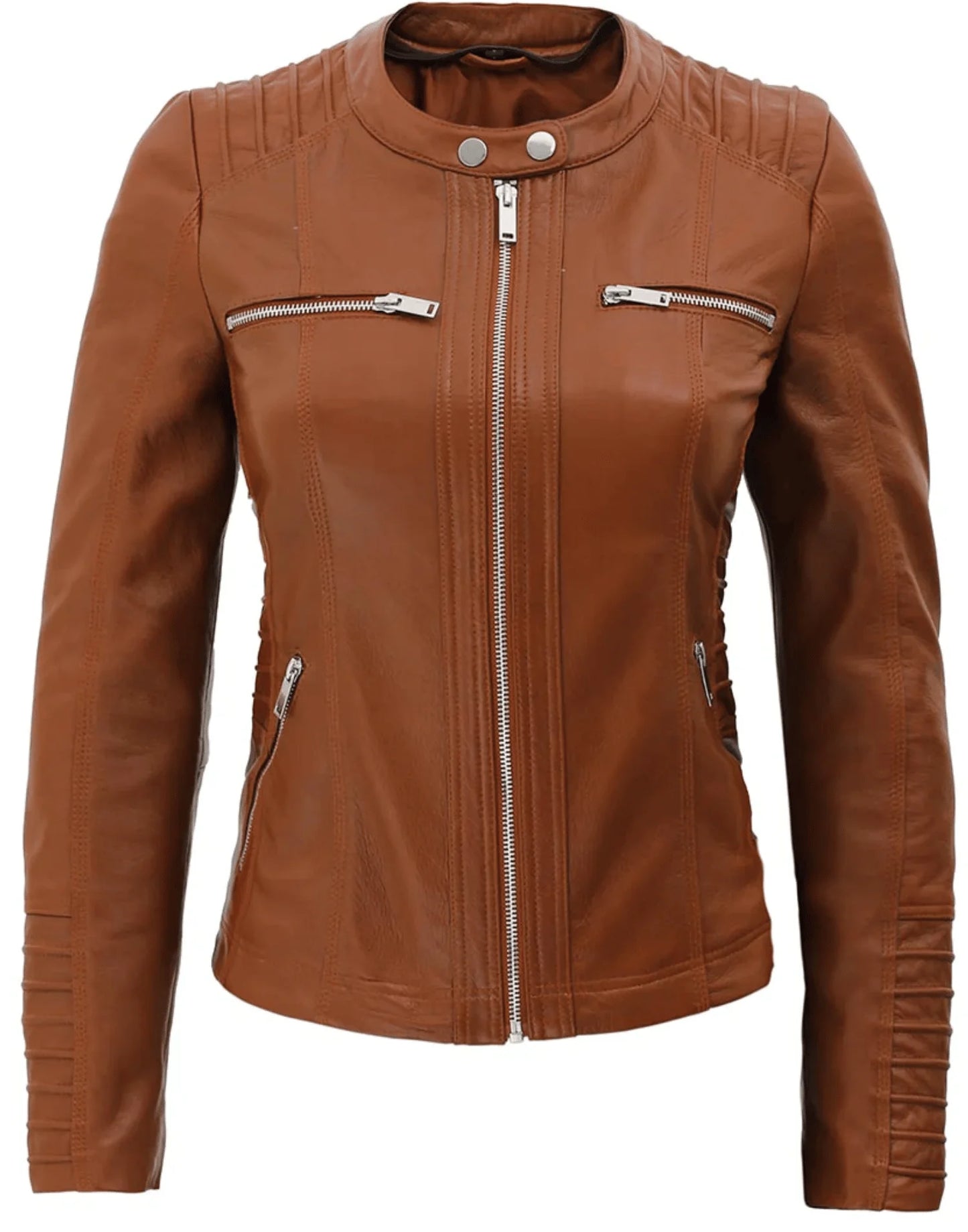 Womens Brown Racer Leather Jacket With Removable Hood