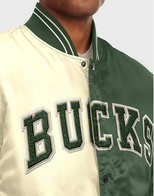 Milwaukee Bucks Varsity Satin Off White/Green Jacket