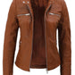 Womens Brown Racer Leather Jacket With Removable Hood