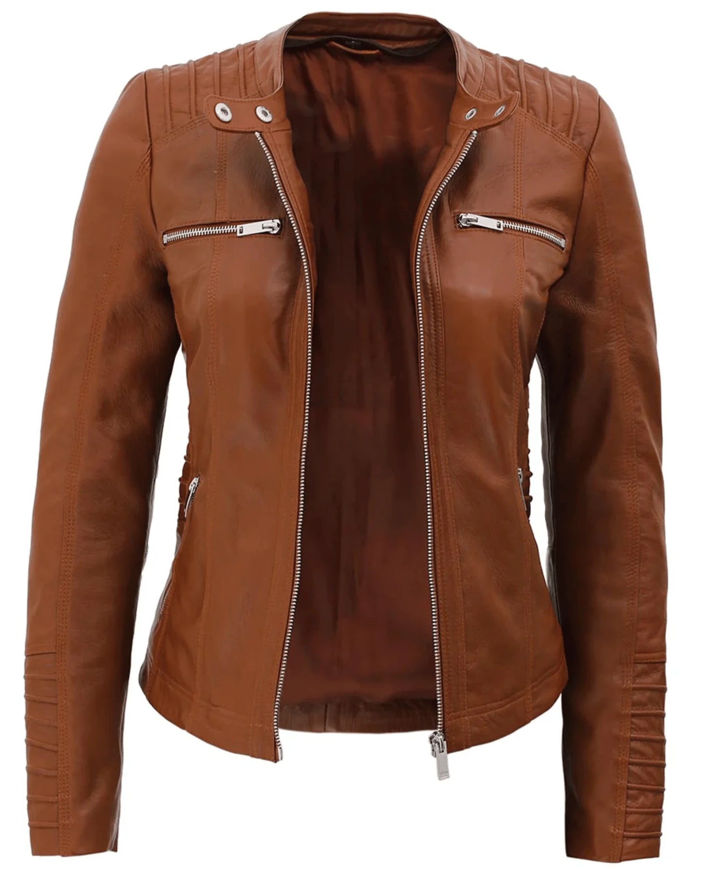 Womens Brown Racer Leather Jacket With Removable Hood