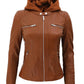 Womens Brown Racer Leather Jacket With Removable Hood