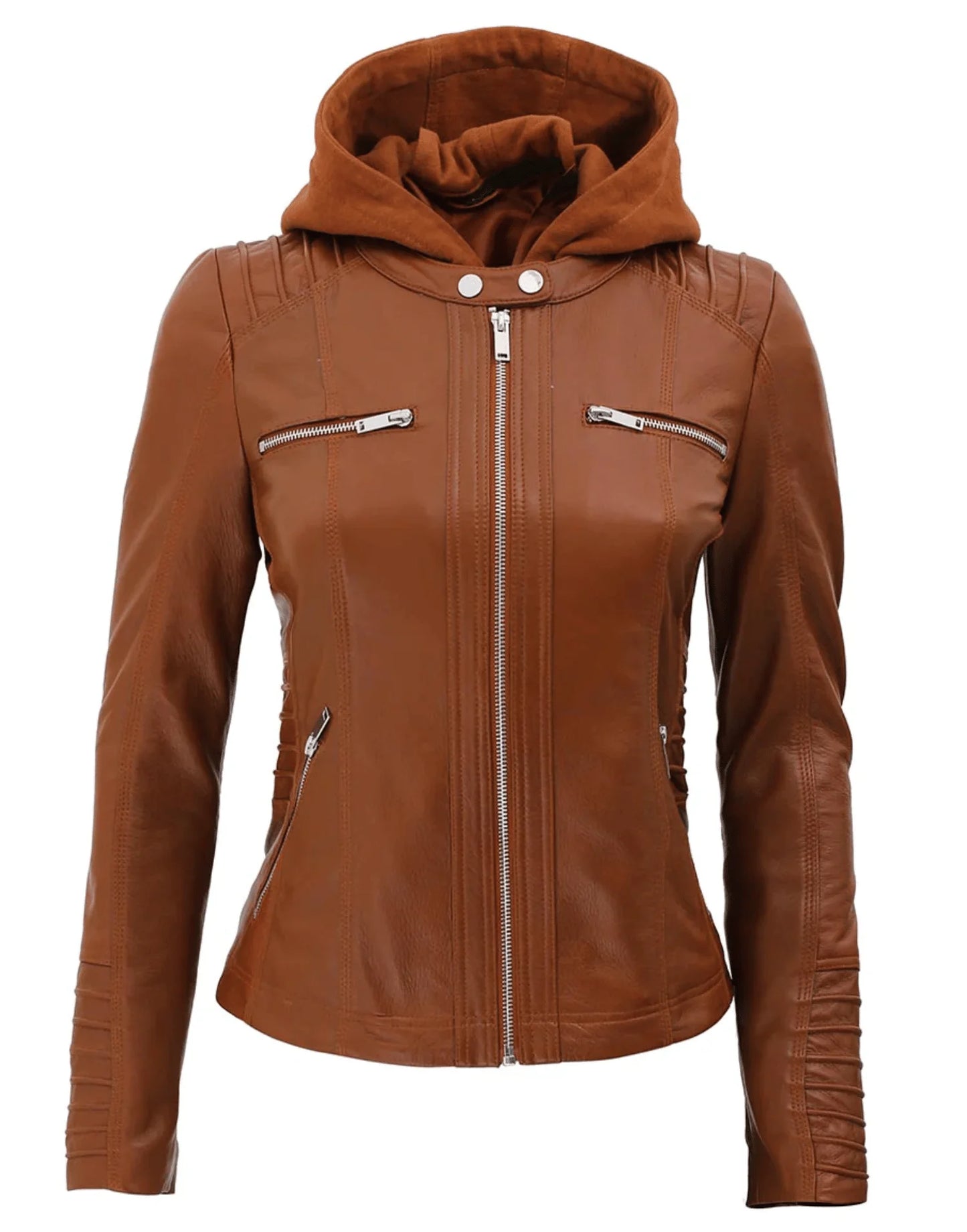 Womens Brown Racer Leather Jacket With Removable Hood