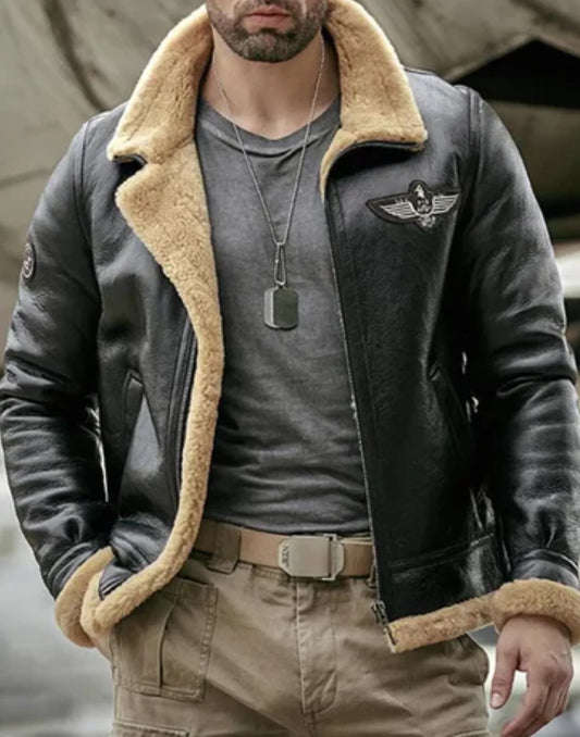 Black RAF Aviator Sheepskin Shearling Leather Jacket