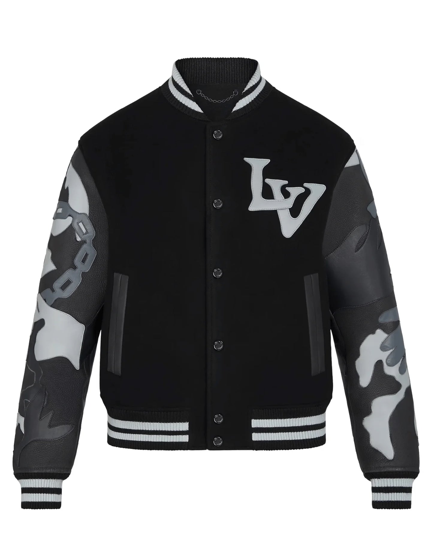 Black Louis Vuitton Chains Camo Varsity Jacket