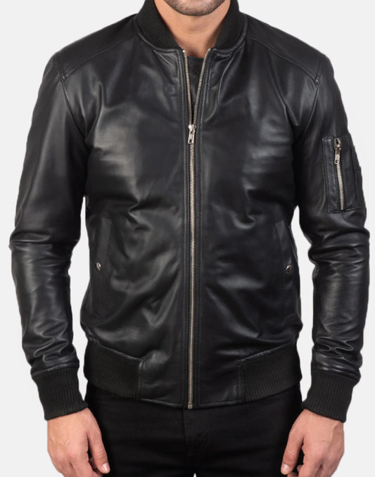 Bomia Ma-1 Black Leather Bomber Jacket