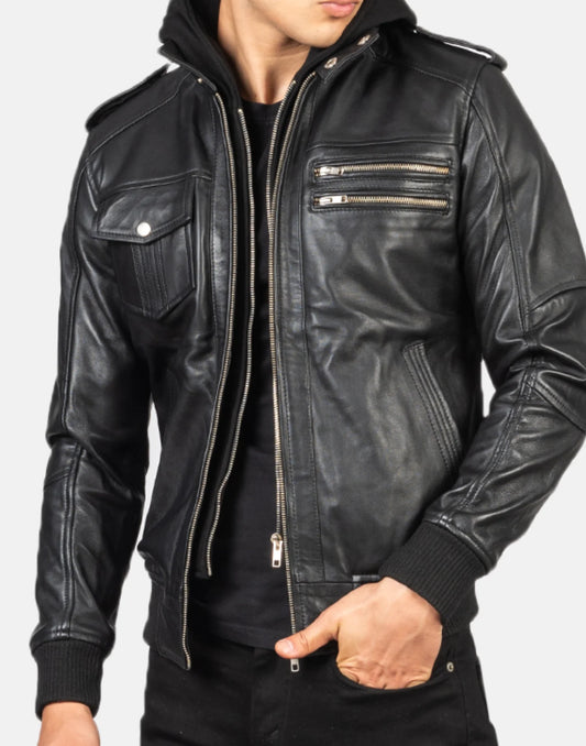 Bravado Black Hooded Leather Bomber Jacket