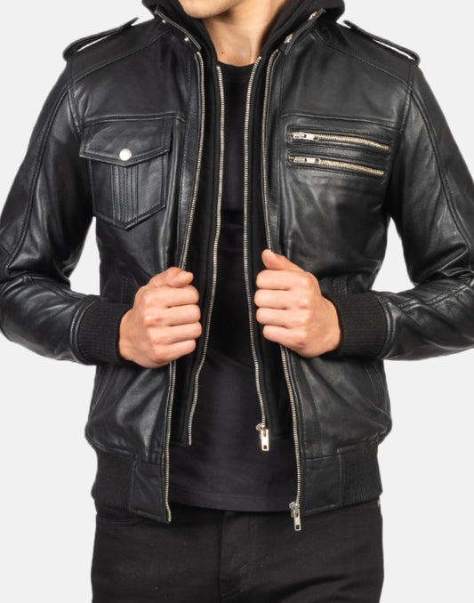 Bravado Black Hooded Leather Bomber Jacket