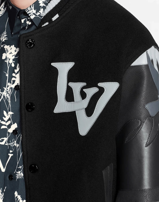 Black Louis Vuitton Chains Camo Varsity Jacket