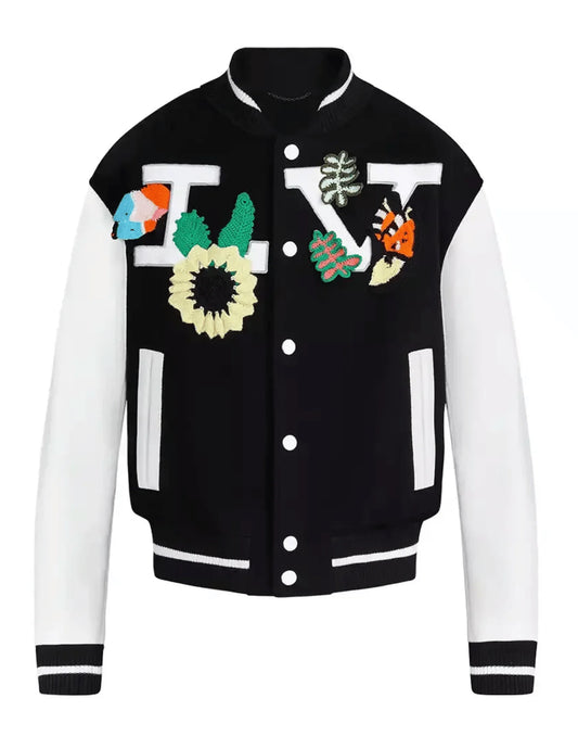 Black Louis Vuitton Crochet Flowers Varsity Jacket